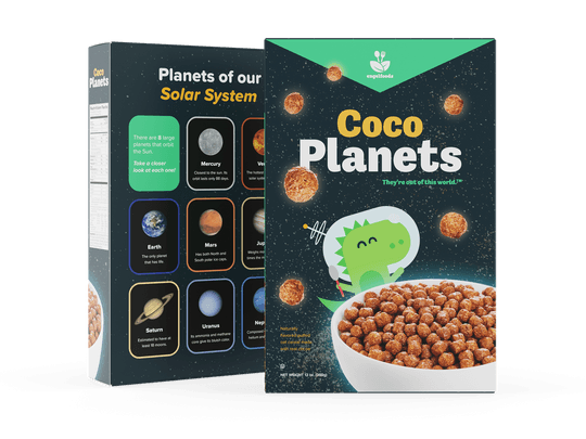 Two cereal box mockups showcasing designs on the front and back. The front features a happy green dinosaur in outer space. The back features an array of planets in our solar system.