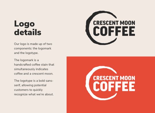 The reasoning behind the logo. Reads: “Logo details. Our logo is made up of two components: the logomark and the logotype. The logomark is a handcrafted coffee stain that simultaneously indicates coffee and a crescent moon. The logotype is a bold sans-serif, allowing potential customers to quickly recognize what we’re about.”