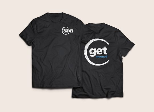 T-shirt mockups showing front and back designs. The front has a small logo on the top-left, while the back has a larger design that reads: “get mooned”