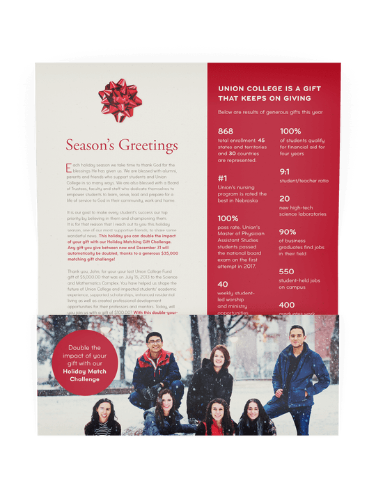 The main trifold, partly unfolded, revealing the “Season’s Greetings” narrative content along with a sidebar that gives some key facts and stats about Union College