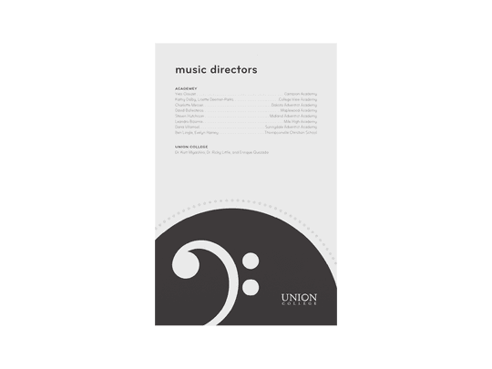 Back cover. Showcases a list of music directors and a large bass clef design.