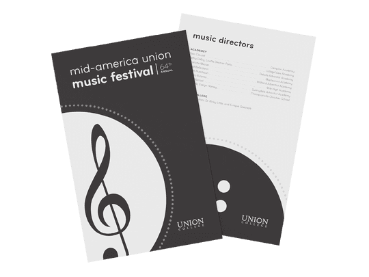 Overlapping front and back mockups of the MAU musicfest program