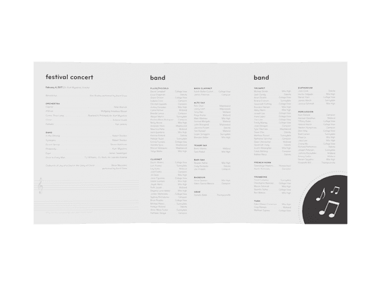 The trifold is completely opened to reveal the festival concert agenda (left) and the names of the band (center and right)