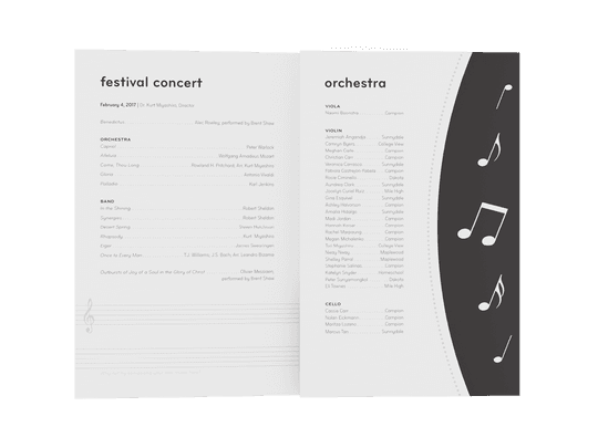 The trifold is partially opened to reveal the first two pages that list the festival concert agenda (left) and names of the orchestra (right)