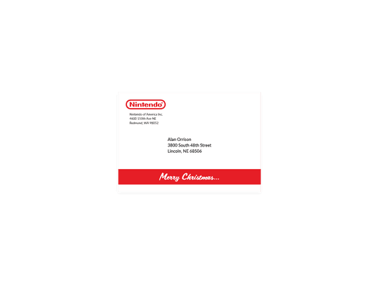 The side of the mailer that shows the send and receive addresses. The sender is Nintendo of America, while the receiver is a professor who taught the class. Reads “Merry Christmas…” at the bottom.