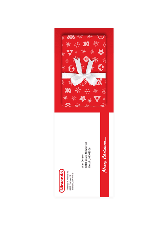 The mailer, opened and flipped, showing the addresses and gift wrap