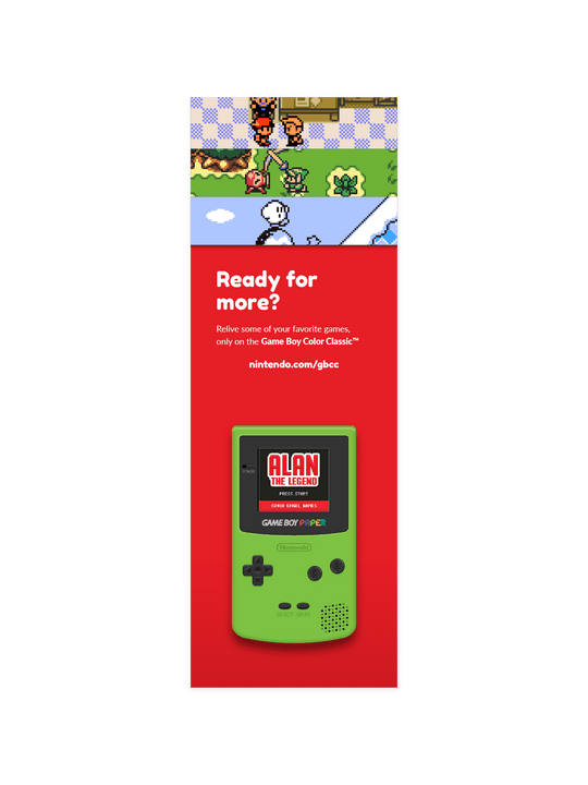 The mailer, opened, revealing the advertisement “Ready for more?” and the green Game Boy Color Paper