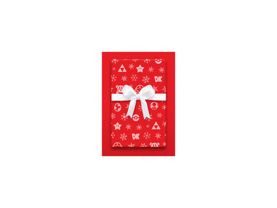 The side of the mailer that shows the Nintendo-themed gift wrap and white bow