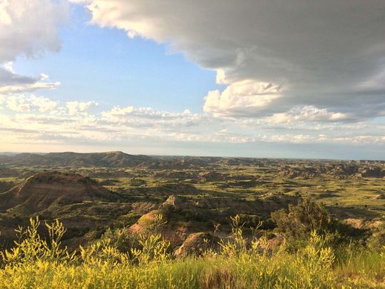 The North Dakota badlands at sunset